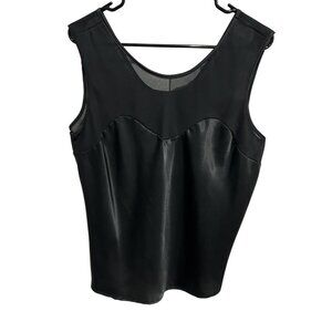 Black Sleeveless Satin Mesh Tank Top Rounded Neckline